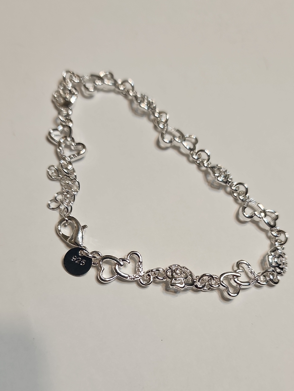 1pc 925 Sterling Silver 8in Charms Heart & Rose/flower Link Bracelet For Women. - Picture 10 of 12